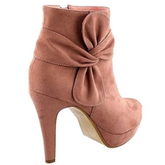 BLUSH FAUX SUEDE BOW HEELED BOOTIE BOOTS - Picture 2 of 8